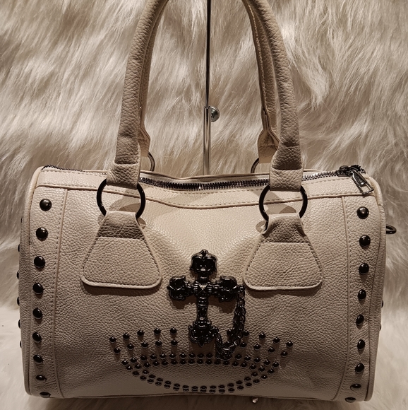 Elegant Off White Cross Studded Satchel Bag - Picture 2 of 8